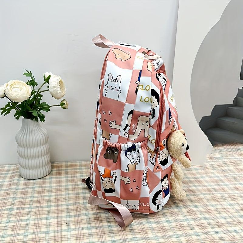 Cartoon Pattern Backpack Zipper Bear Decor Daypack