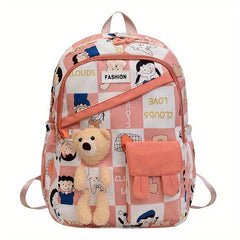 Cartoon Pattern Backpack Zipper Bear Decor Daypack