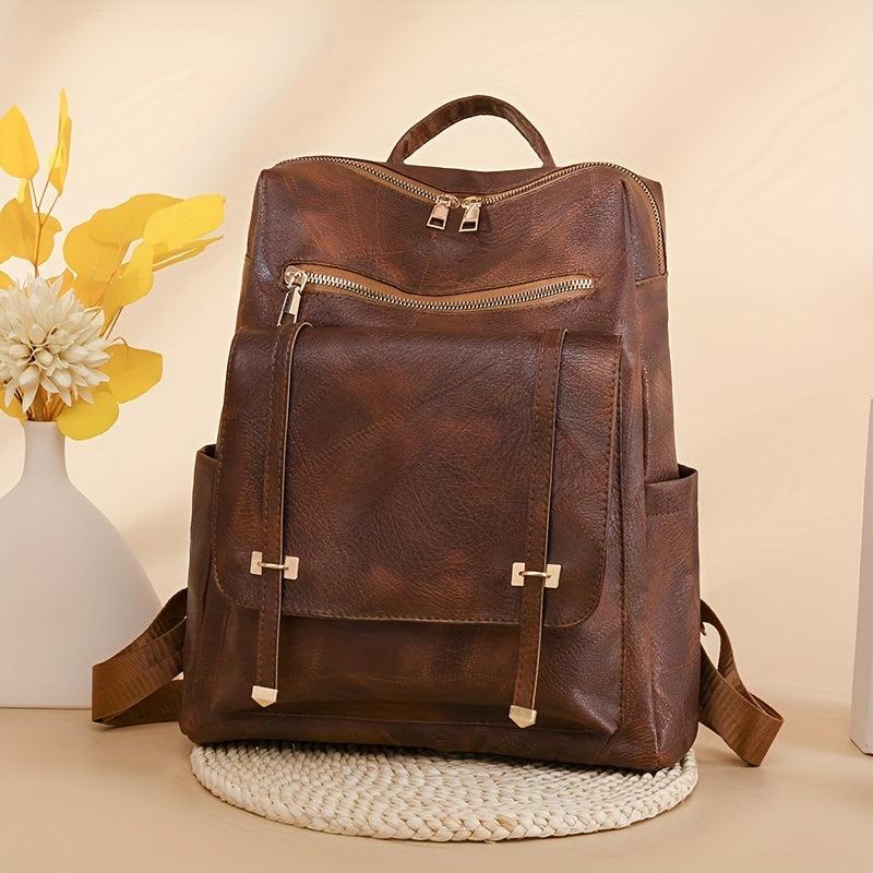 Large Capacity Retro Backpack Versatile PU Leather Zip Women's Casual Backpack