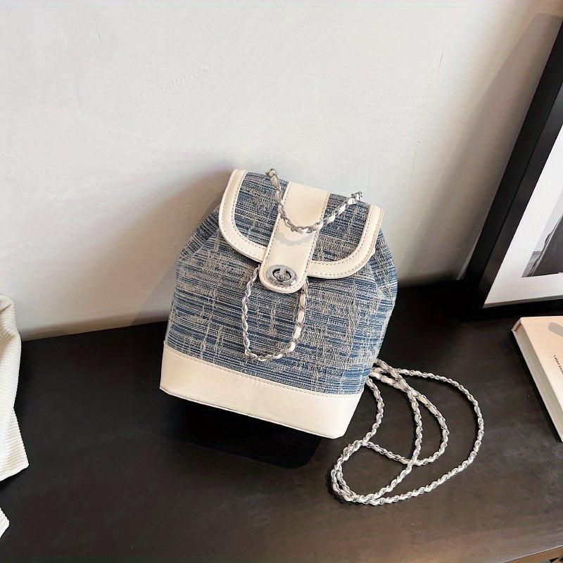 Colorblock Denim Backpack Drawstring Rucksack Chain Straps