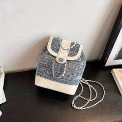 Colorblock Denim Backpack Drawstring Rucksack Chain Straps