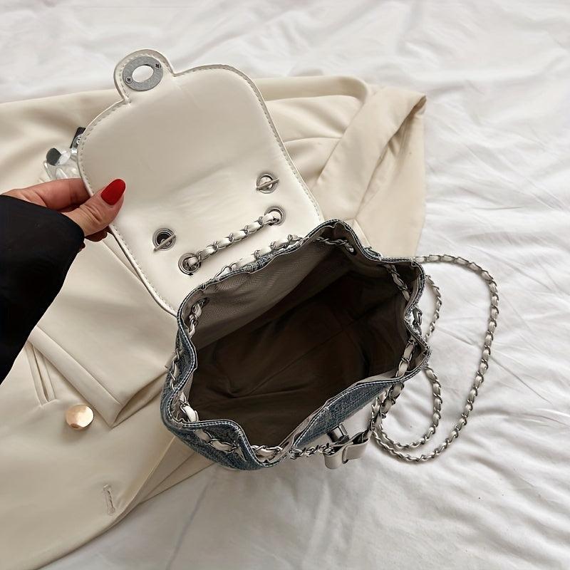 Colorblock Denim Backpack Drawstring Rucksack Chain Straps
