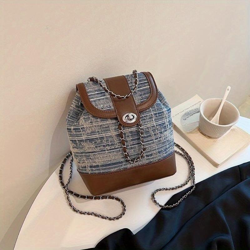 Colorblock Denim Backpack Drawstring Rucksack Chain Straps