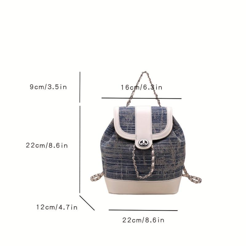 Colorblock Denim Backpack Drawstring Rucksack Chain Straps