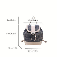 Colorblock Denim Backpack Drawstring Rucksack Chain Straps