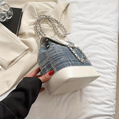 Colorblock Denim Backpack Drawstring Rucksack Chain Straps