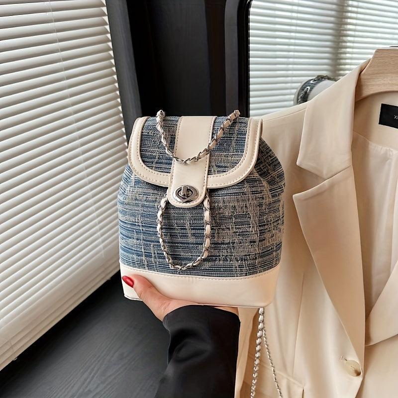 Colorblock Denim Backpack Drawstring Rucksack Chain Straps