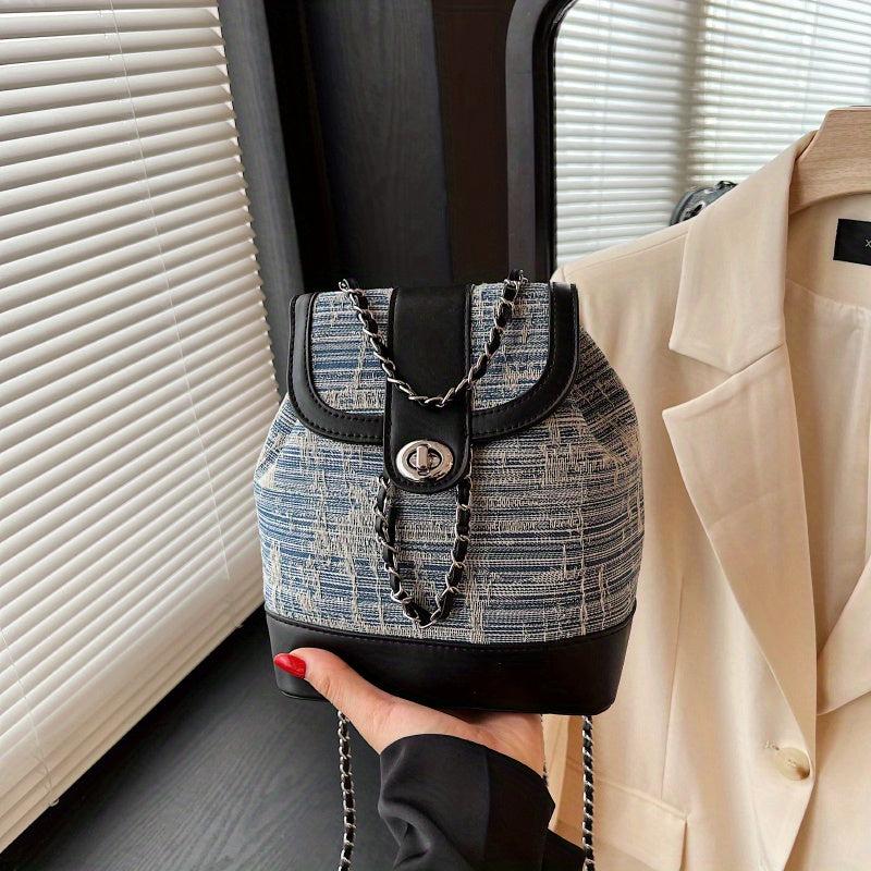 Colorblock Denim Backpack Drawstring Rucksack Chain Straps
