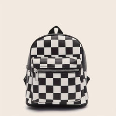 Checkered Backpack For Women Mini Faux Leather Daypack Plaid Pattern