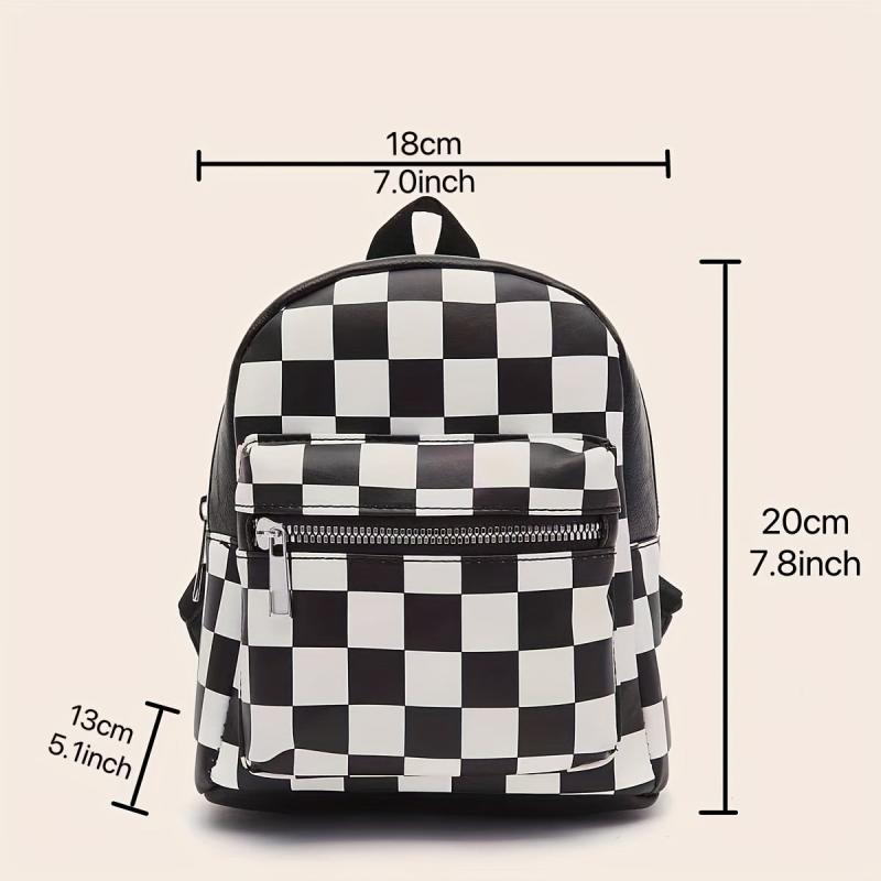 Checkered Backpack For Women Mini Faux Leather Daypack Plaid Pattern