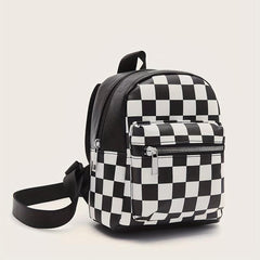 Checkered Backpack For Women Mini Faux Leather Daypack Plaid Pattern
