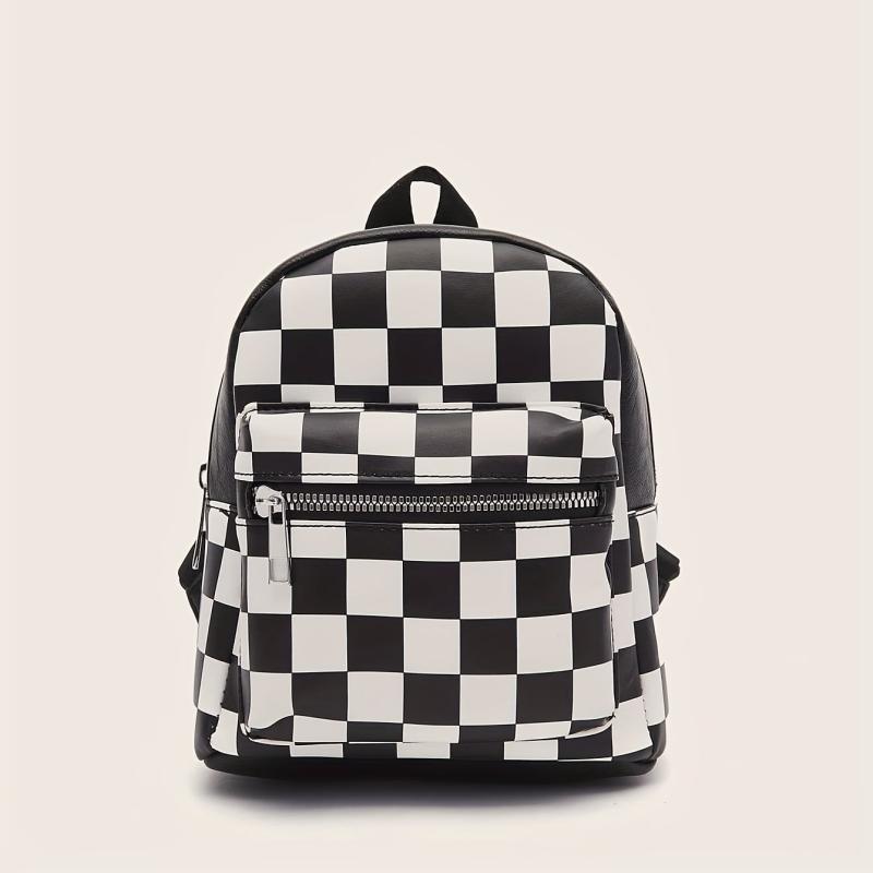 Checkered Backpack For Women Mini Faux Leather Daypack Plaid Pattern
