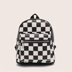 Checkered Backpack For Women Mini Faux Leather Daypack Plaid Pattern