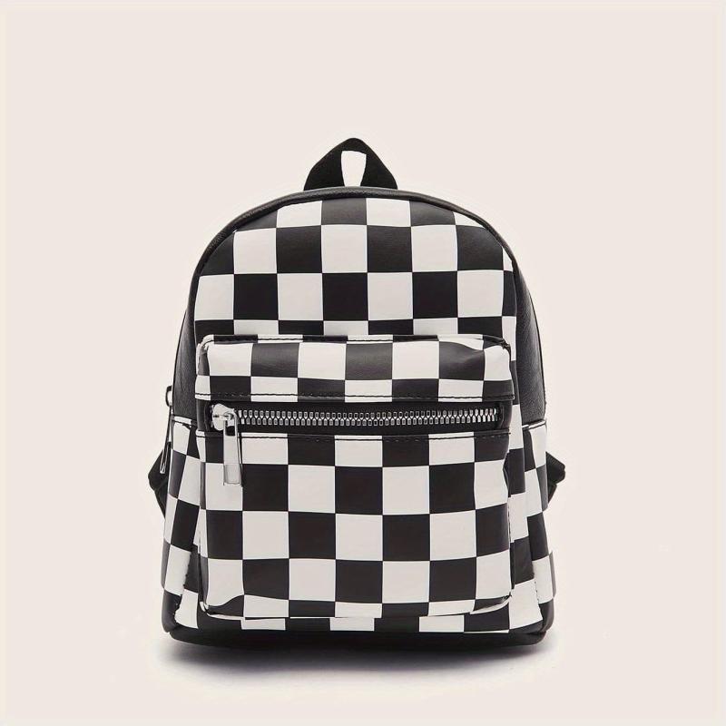 Checkered Backpack For Women Mini Faux Leather Daypack Plaid Pattern