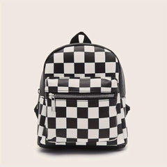Checkered Backpack For Women Mini Faux Leather Daypack Plaid Pattern
