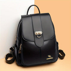 Metal Decor Flap Backpack PU Leather Daypack Women's Travel School Bag