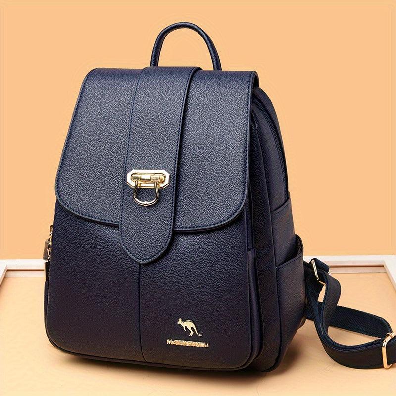 Metal Decor Flap Backpack PU Leather Daypack Women's Travel School Bag