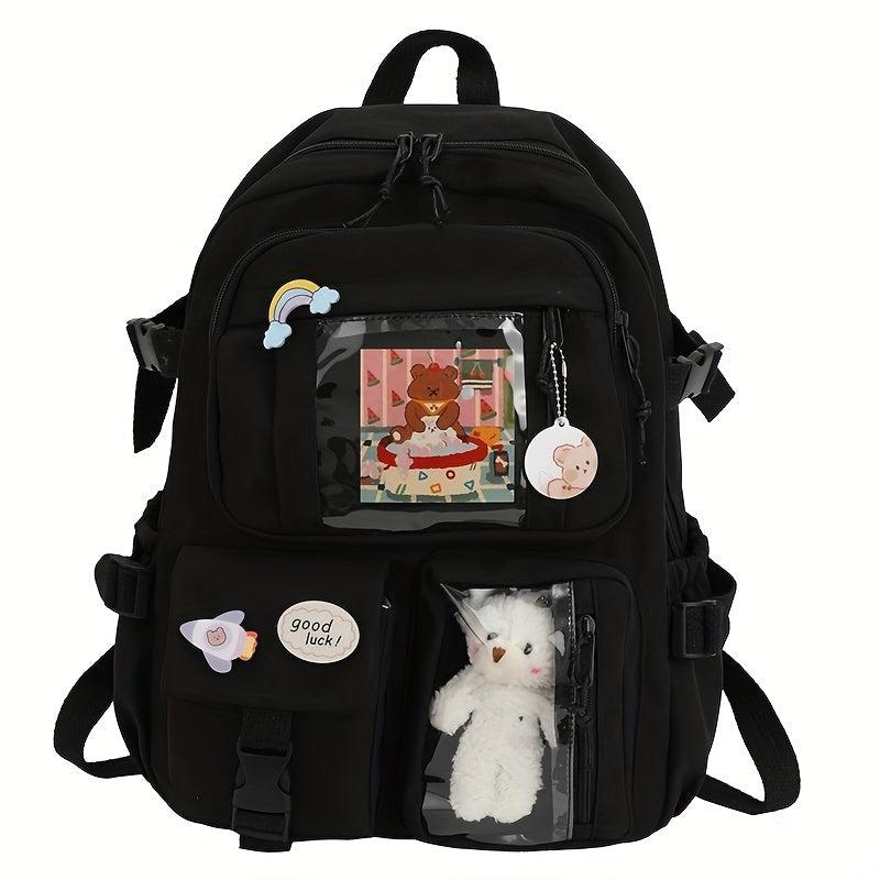 Large Capacity Backpack w/ Charm Y2K Zipper Pockets Waterproof Bag