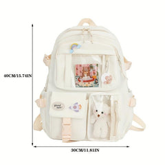Large Capacity Backpack w/ Charm Y2K Zipper Pockets Waterproof Bag