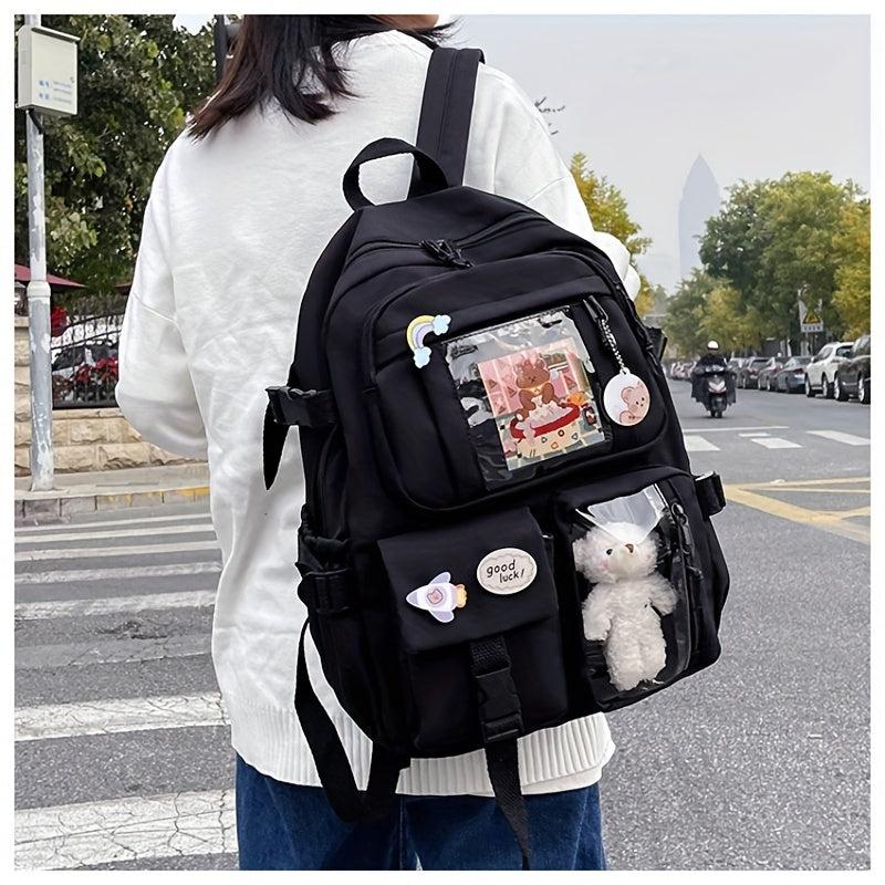 Large Capacity Backpack w/ Charm Y2K Zipper Pockets Waterproof Bag