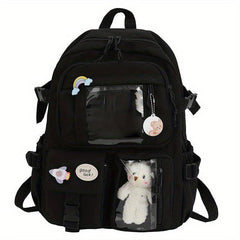 Large Capacity Backpack w/ Charm Y2K Zipper Pockets Waterproof Bag