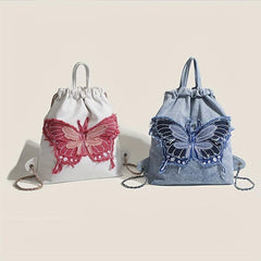 Butterfly Denim Drawstring Backpack Y2K Rucksack