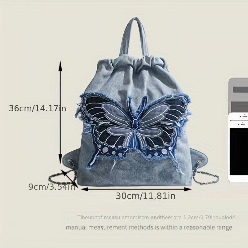 Butterfly Denim Drawstring Backpack Y2K Rucksack