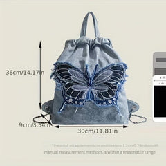 Butterfly Denim Drawstring Backpack Y2K Rucksack