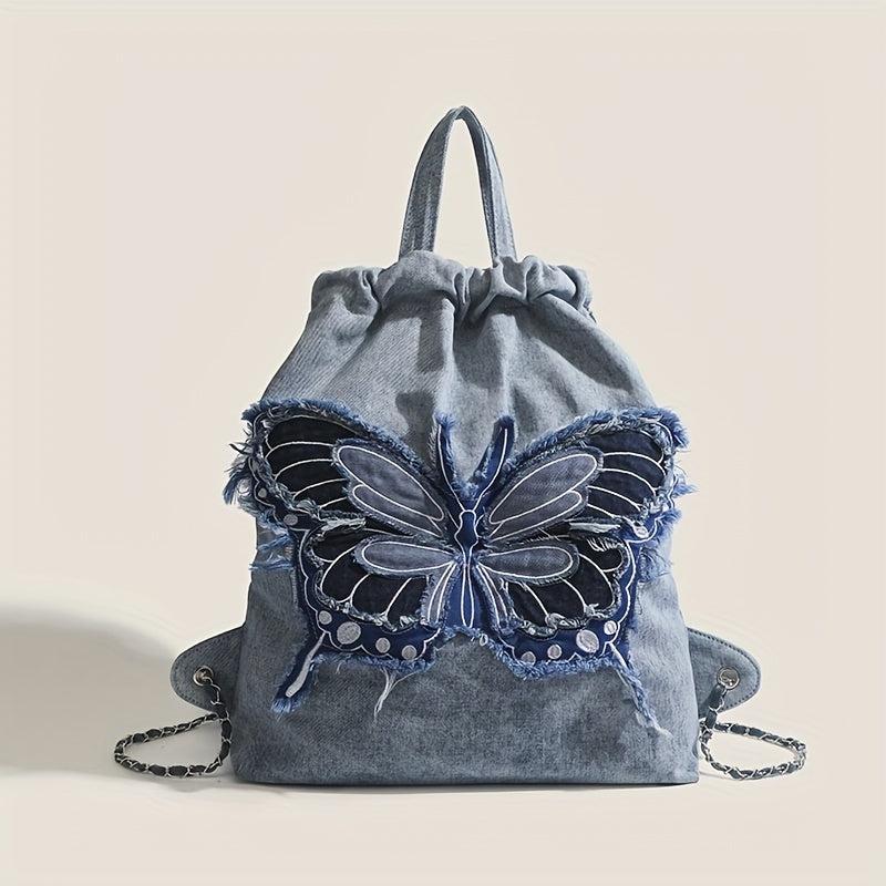 Butterfly Denim Drawstring Backpack Y2K Rucksack