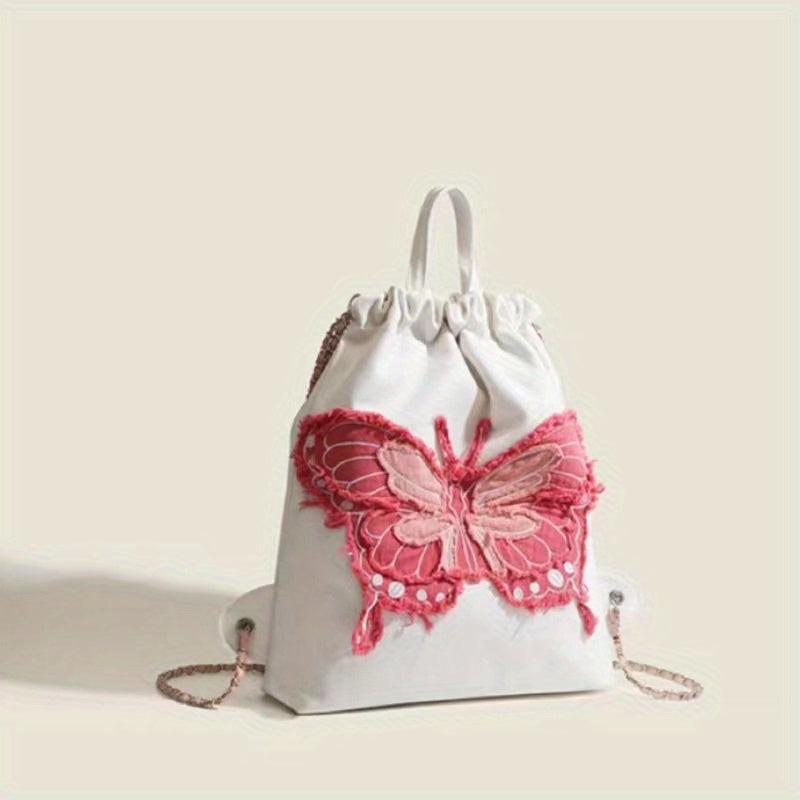 Butterfly Denim Drawstring Backpack Y2K Rucksack