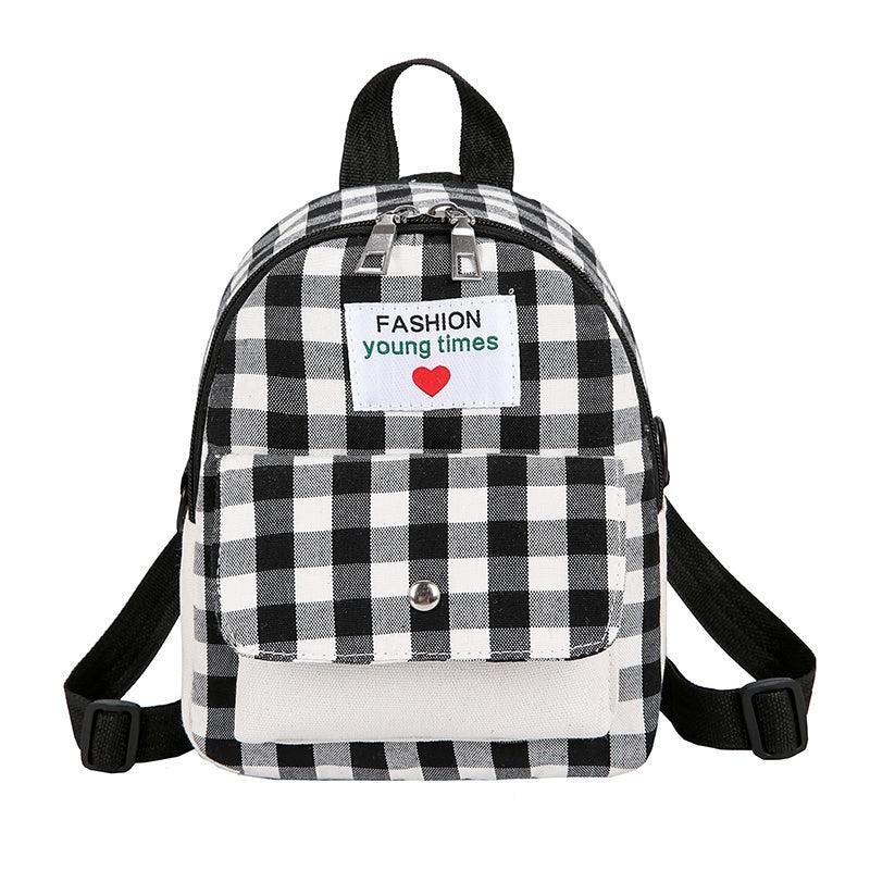Plaid Pattern Canvas Backpack with Letter Patch - Small Daypack