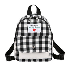 Plaid Pattern Canvas Backpack with Letter Patch - Small Daypack