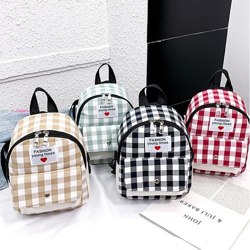 Plaid Pattern Canvas Backpack with Letter Patch - Small Daypack