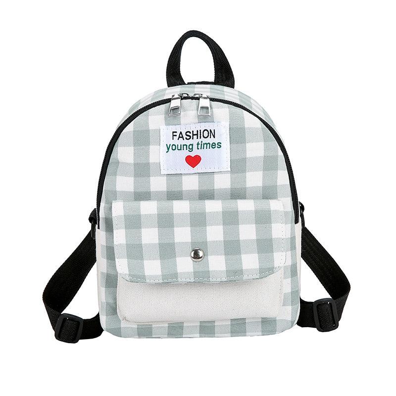 Plaid Pattern Canvas Backpack with Letter Patch - Small Daypack