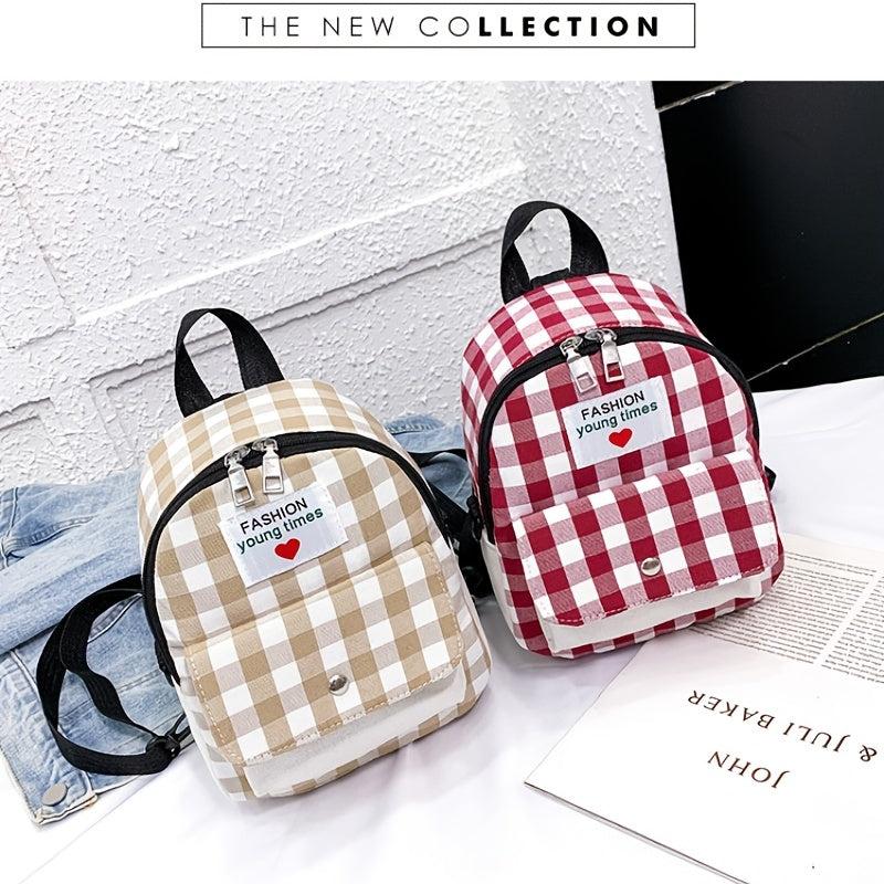 Plaid Pattern Canvas Backpack with Letter Patch - Small Daypack