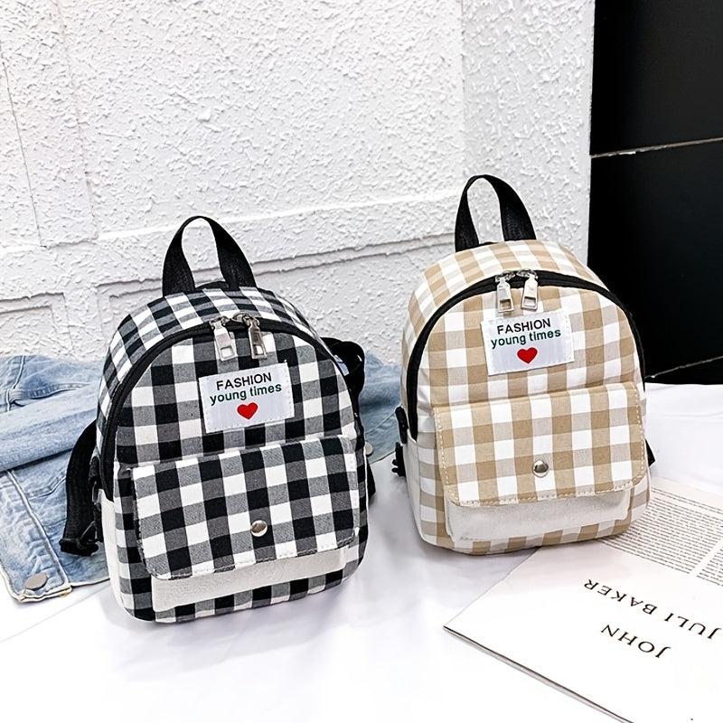 Plaid Pattern Canvas Backpack with Letter Patch - Small Daypack
