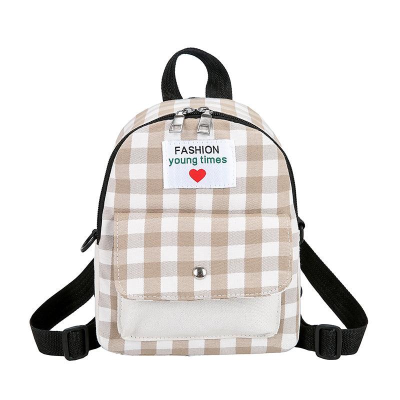 Plaid Pattern Canvas Backpack with Letter Patch - Small Daypack