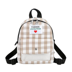 Plaid Pattern Canvas Backpack with Letter Patch - Small Daypack