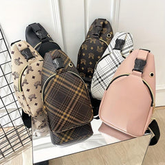 Plaid PU Leather Chest Bag Student Commuter Crossbody Bag Money Cell Phone Bag
