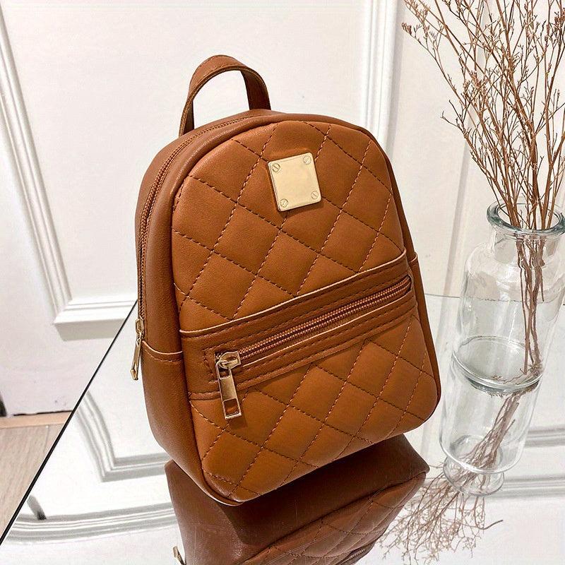 Argyle Embroidered Backpack Women's Metal Decor Daypack Solid Travel School Bag