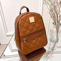 Argyle Embroidered Backpack Women's Metal Decor Daypack Solid Travel School Bag