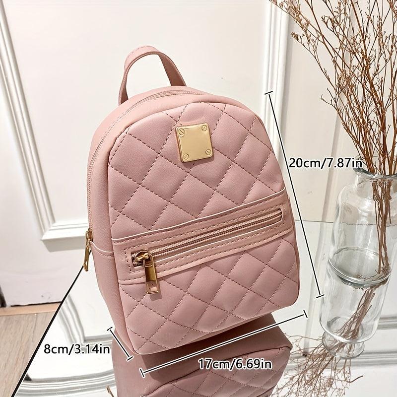 Argyle Embroidered Backpack Women's Metal Decor Daypack Solid Travel School Bag