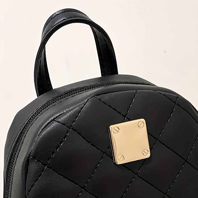 Argyle Embroidered Backpack Women's Metal Decor Daypack Solid Travel School Bag