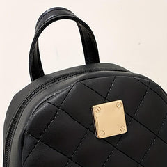 Argyle Embroidered Backpack Women's Metal Decor Daypack Solid Travel School Bag