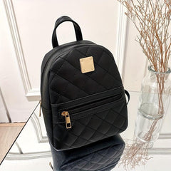 Argyle Embroidered Backpack Women's Metal Decor Daypack Solid Travel School Bag