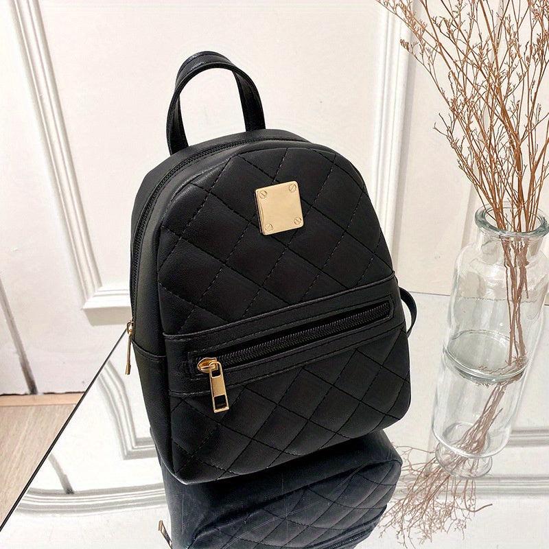 Argyle Embroidered Backpack Women's Metal Decor Daypack Solid Travel School Bag