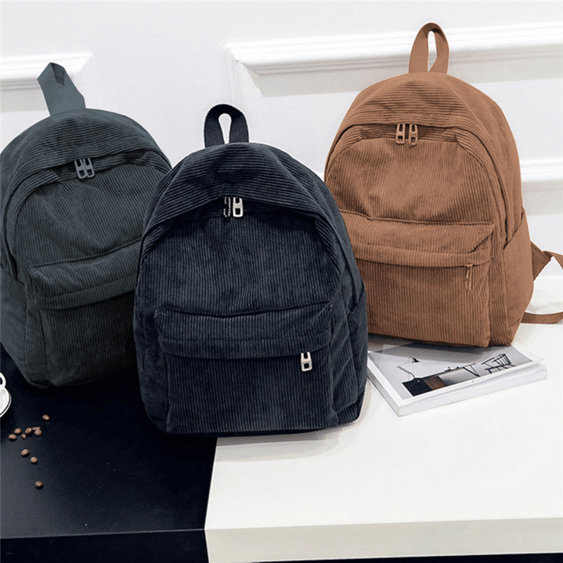 Solid Corduroy Zipper Backpack for School