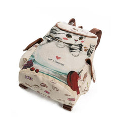 Cat Pattern Flap Backpack Animal Print Bookbag For Students