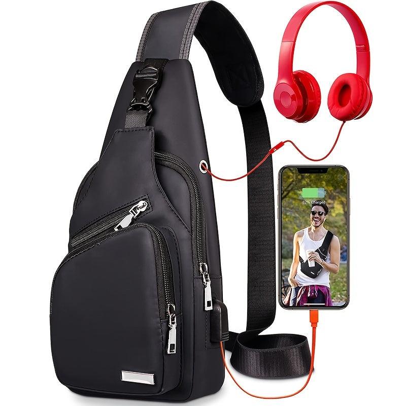 Men's Water Resistant Sling Bag USB Charging Port Chest Crossbody Backpack