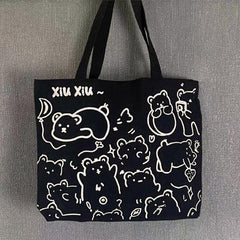Rabbit Bear Pattern Canvas Tote Bag Large Capacity Handbag Sling Bag